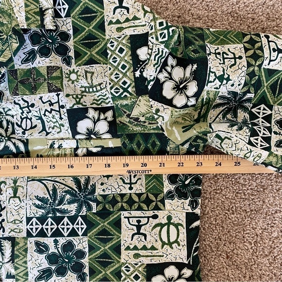 Royal Creations Hawaiian Shirt Sz L Hawaii Made Green Flower Palm Trees Pocket - Picture 7 of 8